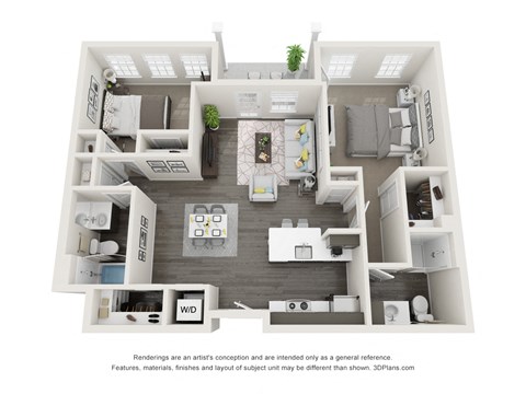 Floor plan for 2 beds, 2 baths, 1000 sqft